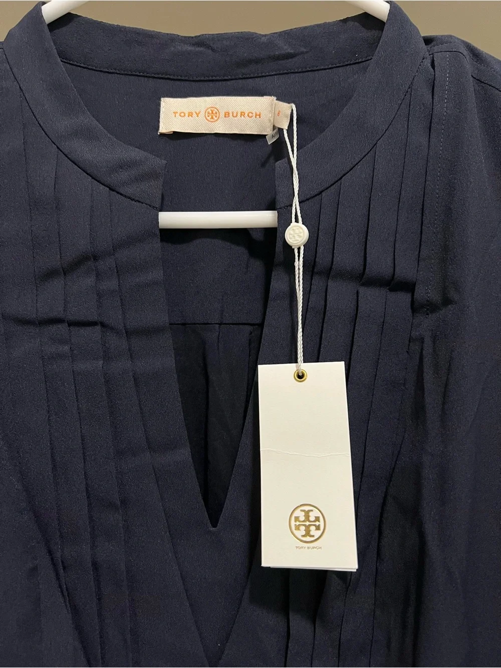 Tory Burch Navy Long-Sleeve Pleated V-Neck Dress